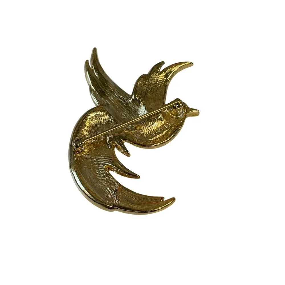 Vintage Gold-Tone & Red Enamel Bird Brooch With Rhinestone Accents By‎ Giorgio